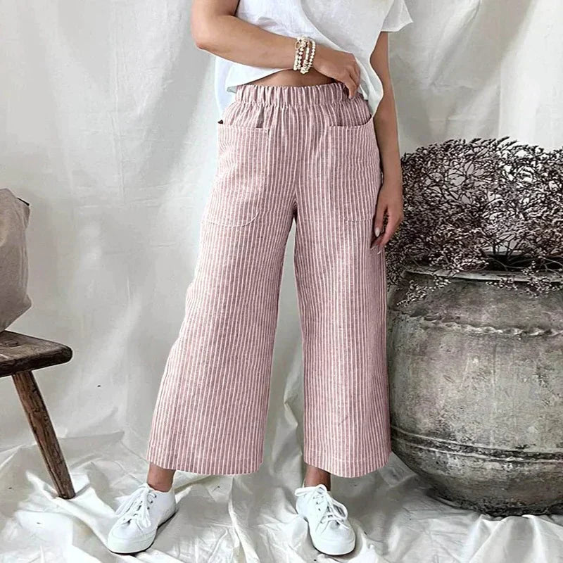 Damen Wide-Leg-Hose Streifenmuster Leicht Luftig Beige - Norvielle