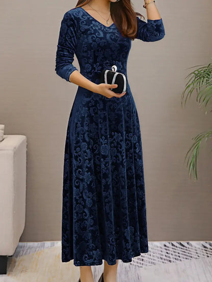Damen Abendkleid Langarm V-Ausschnitt