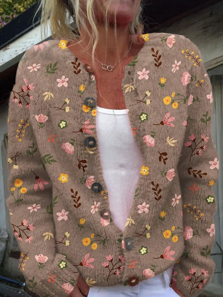 Damen Strickjacke Blumenstickerei Knopfleiste