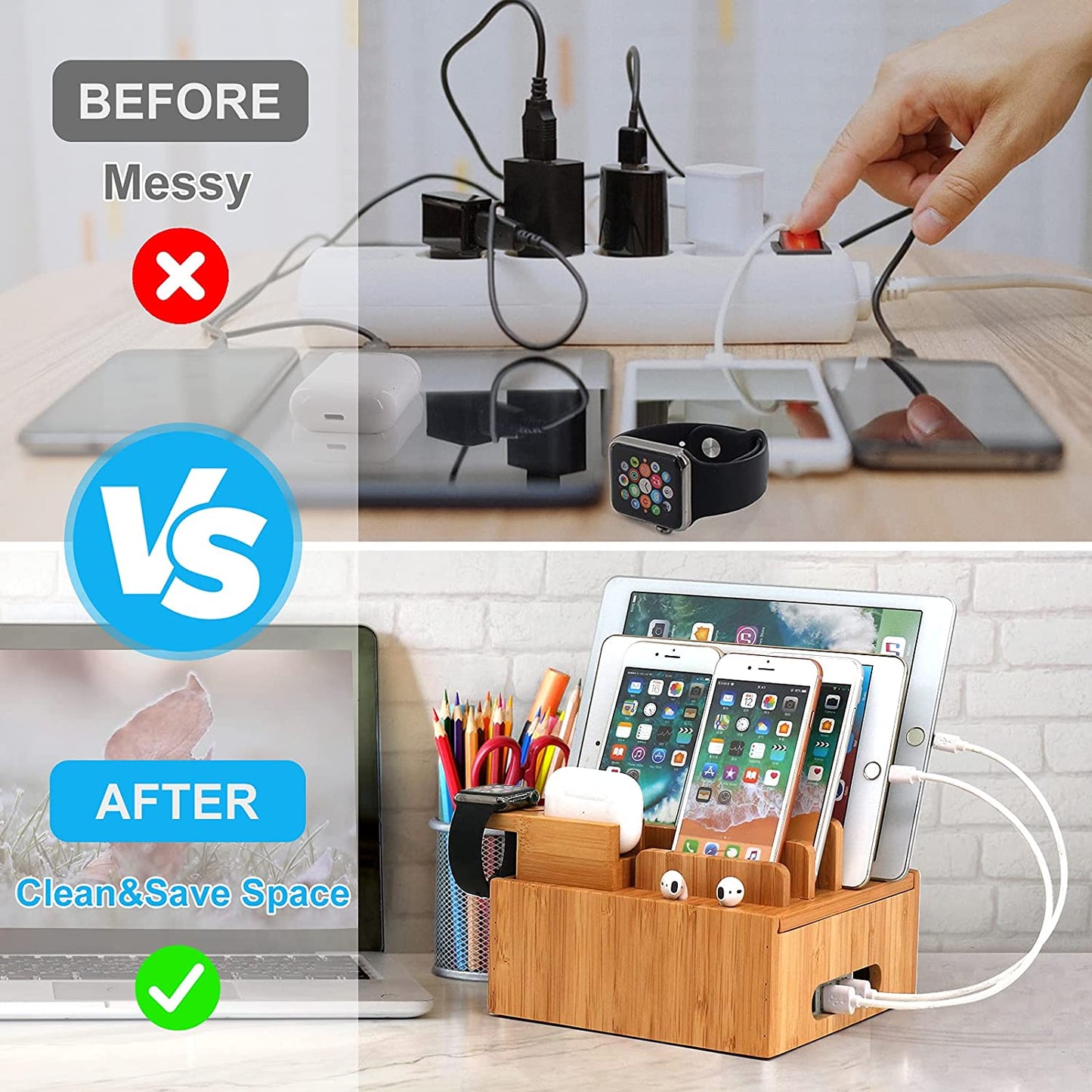 Bambus Lade-Station 5-Port USB Organizer