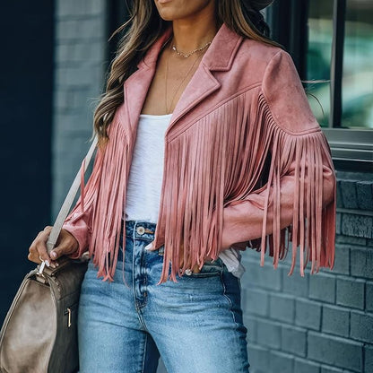 Detailaufnahme rosa Fransenjacke hinten
