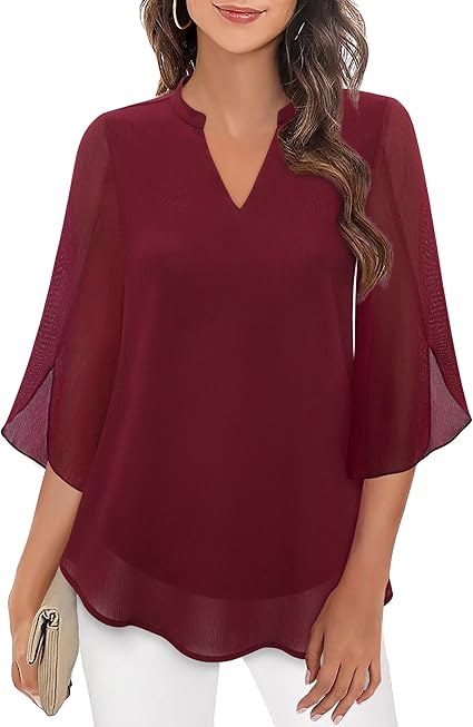 Damen Chiffon Bluse Doppelschicht Leicht Rosa