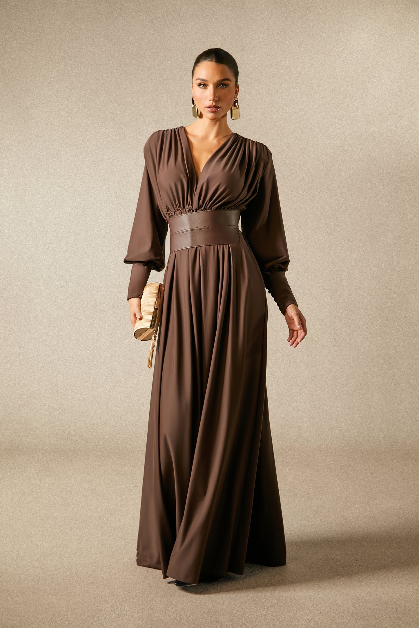 Elegantes Damen Maxi-Kleid V-Ausschnitt Breites Taillenband - Norvielle