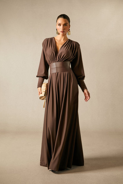 Elegantes Damen Maxi-Kleid V-Ausschnitt Breites Taillenband - Norvielle