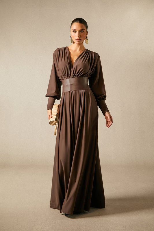 Elegantes Damen Maxi-Kleid V-Ausschnitt Breites Taillenband - Norvielle