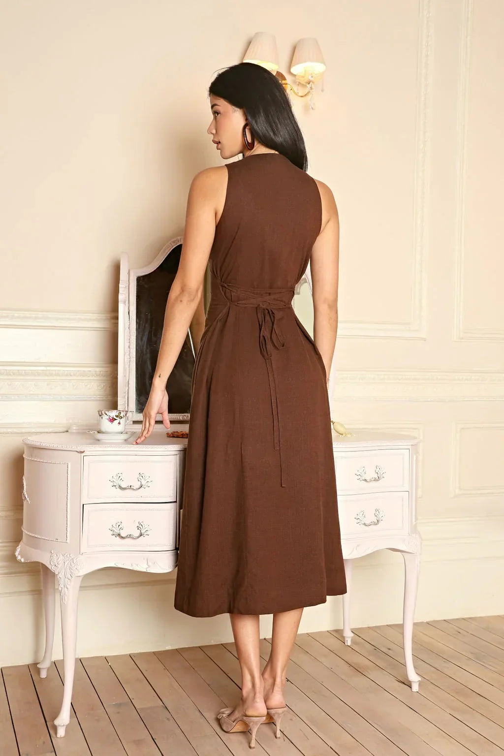 Damen Leinen Midikleid Ärmellos Figurbetonter Schnitt