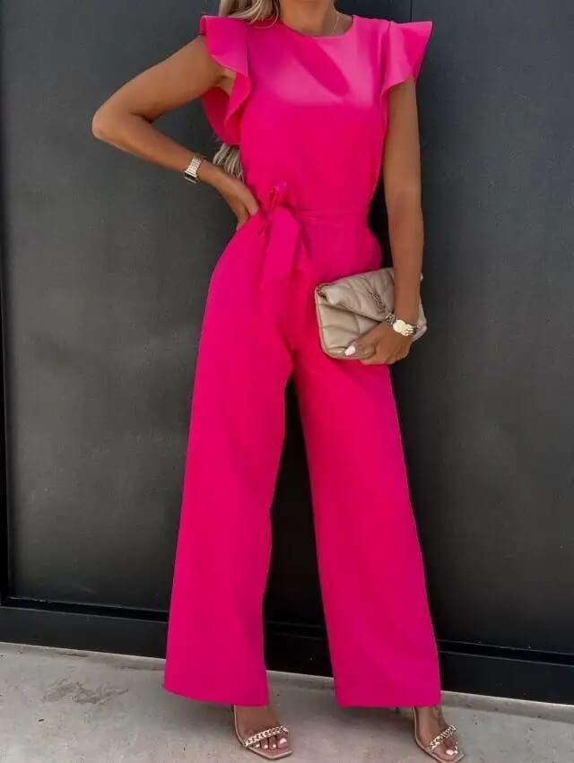 Eleganter Damen Jumpsuit mit Schmetterlingsärmeln und Bindegürtel
