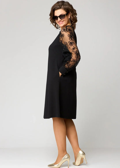 Damen A-Linien-Robe Mit Bestickten Mesh-Ärmeln