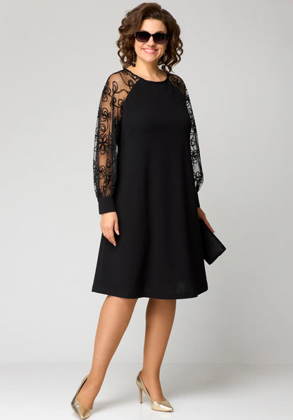 Damen A-Linien-Robe Mit Bestickten Mesh-Ärmeln