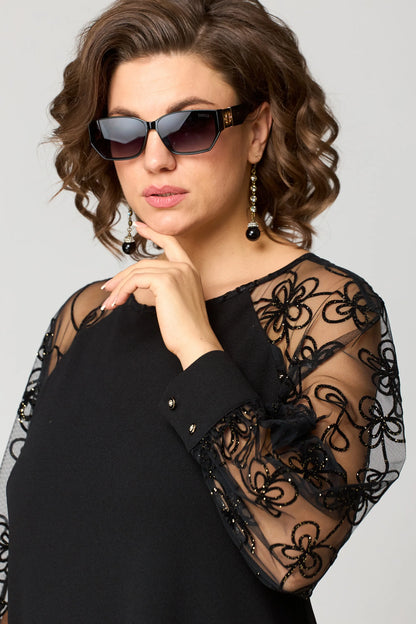 Damen A-Linien-Robe Mit Bestickten Mesh-Ärmeln