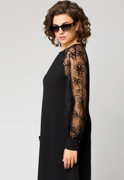 Damen A-Linien-Robe Mit Bestickten Mesh-Ärmeln