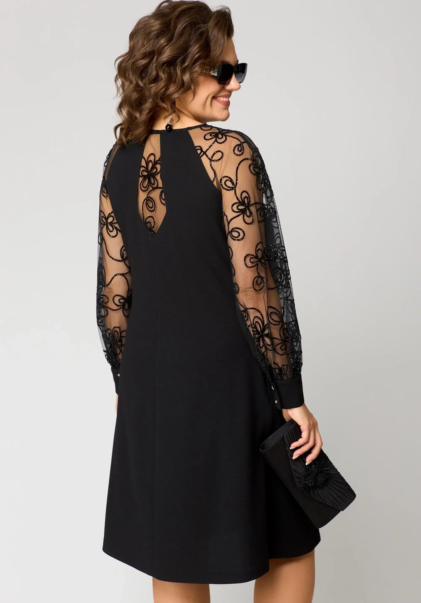 Damen A-Linien-Robe Mit Bestickten Mesh-Ärmeln