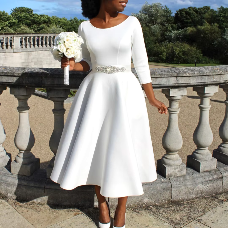 Damen Midi-Kleid Rundhalsausschnitt Einfach