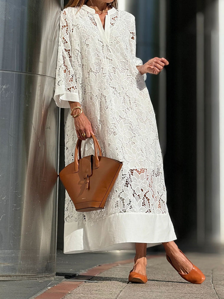 Damen Spitzenkleid 3/4-Ärmel Hochkragen Leicht Elfenbein - Norvielle