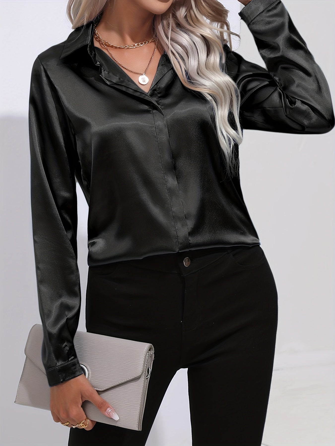 Avelyn Damen Satin-Bluse Reverskragen Knopfleiste Eleganz