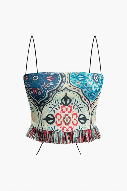 Damen Zweiteiler-Set Boho-Print Fransen