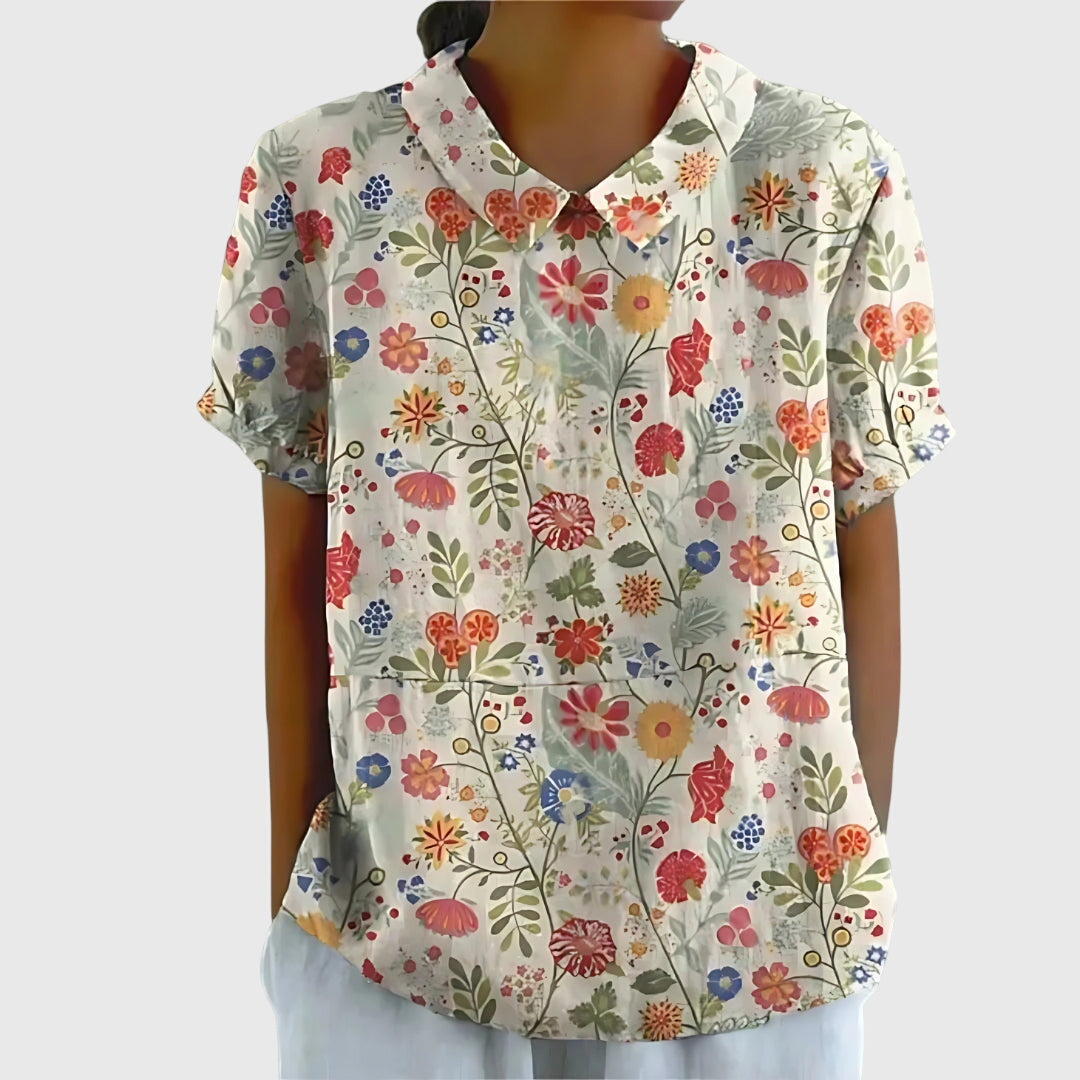 Damen Blume Bluse Kurzarm mit Kragen