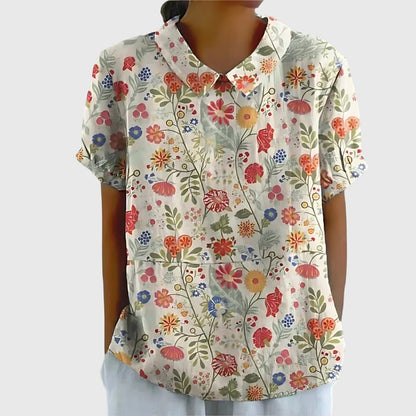 Damen Blume Bluse Kurzarm mit Kragen