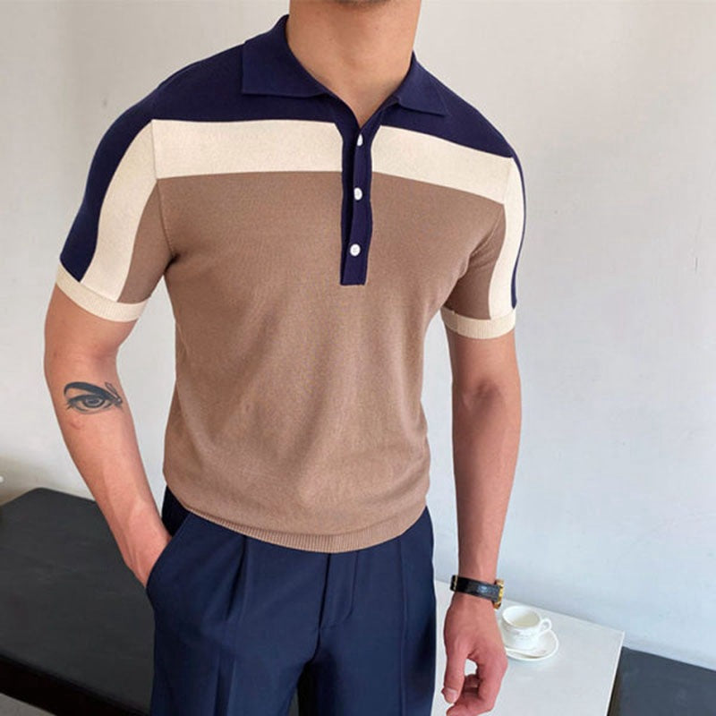Herren Polo-Shirt Color-Block Knopf Baumwolle Weiß-
