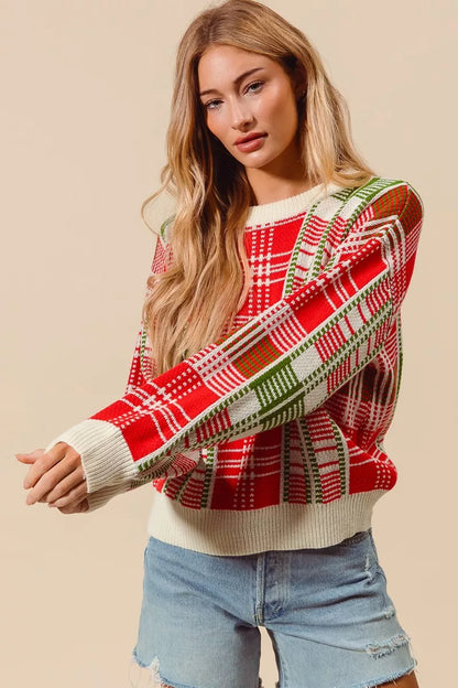 Weihnachtspullover Damen Karierter Rot Grün Rundhals