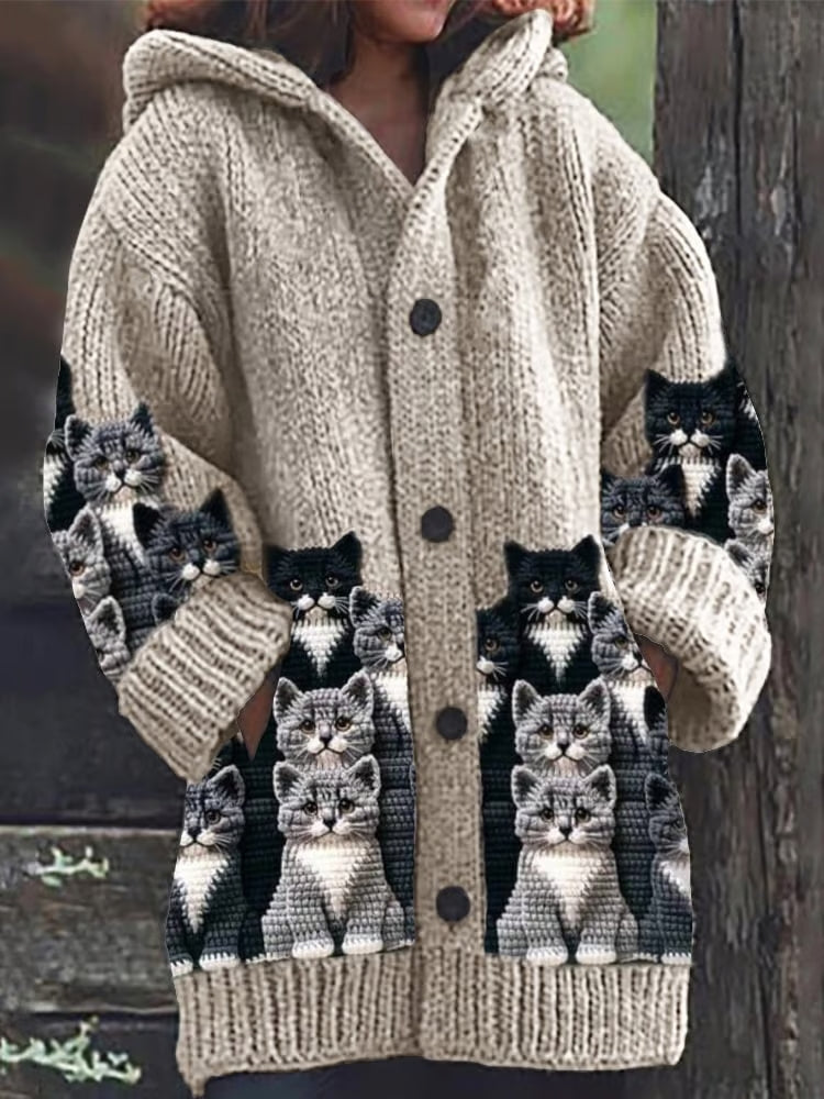 Norvielle Damen Strickjacke Katzenmuster