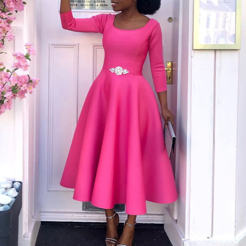 Damen Midi-Kleid Rundhalsausschnitt Einfach