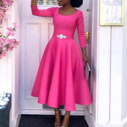 Damen Midi-Kleid Rundhalsausschnitt Einfach