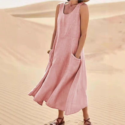 Norvielle Damen Ärmelloses Kleid Baumwolle Rundhalsausschnitt