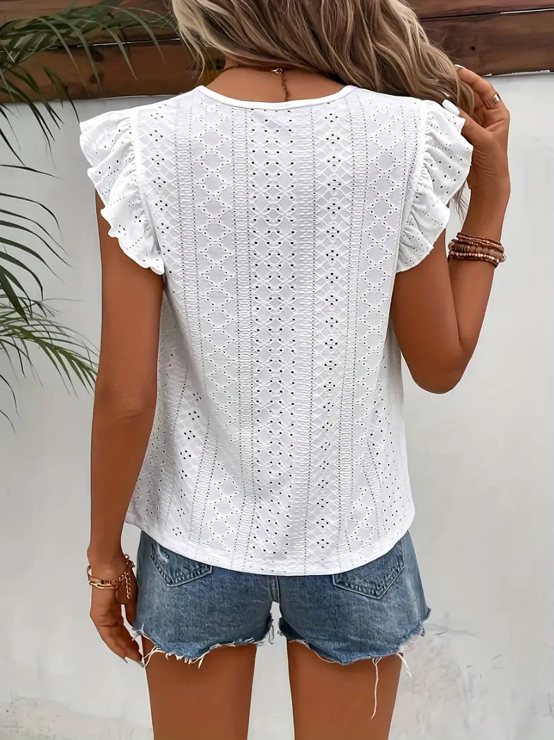 Damen Vintage T-Shirt Rundhalsausschnitt Rüschenbesatz - Norvielle