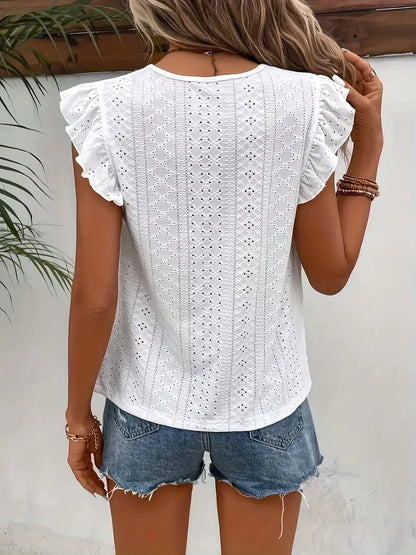 Damen Vintage T-Shirt Rundhalsausschnitt Rüschenbesatz - Norvielle