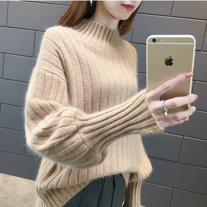 Damen Strickpullover Hoher Kragen Lässig Beige