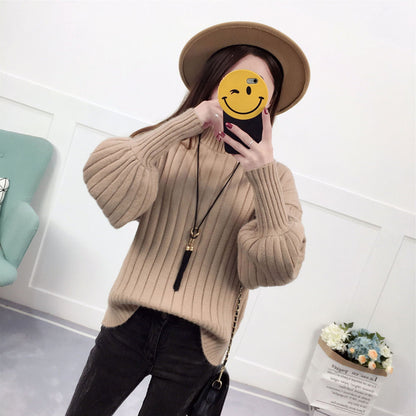 Damen Strickpullover Hoher Kragen Lässig Beige