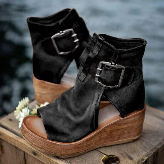 Damen Keilabsatz Sandalen Boho Stil Leder Braun - Norvielle
