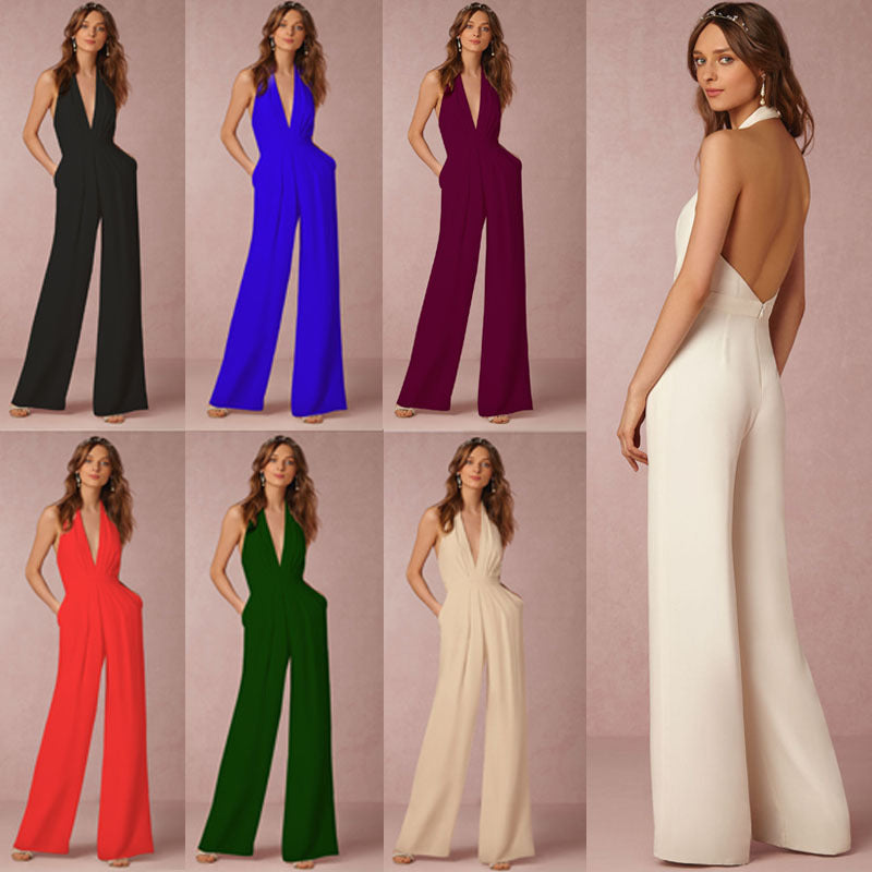 Damen Jumpsuit V-Ausschnitt Weitbeinig Norvielle
