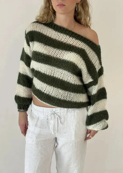Damen Oversize Pullover Streifenmuster Lässig Beige