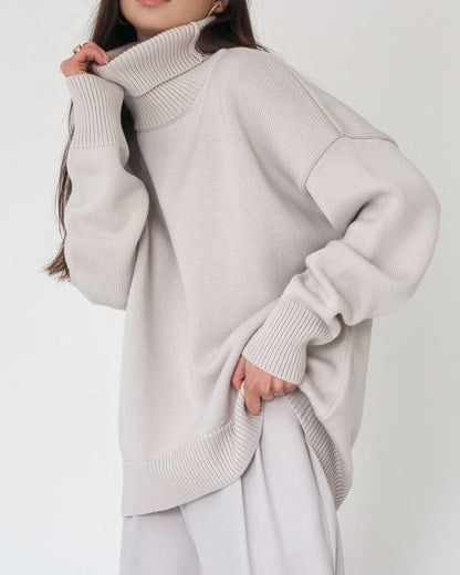 Damen Oversize Pullover Lässig Hochhalter Beige