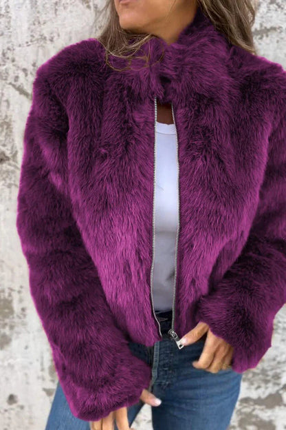 Damen Kunstpelzjacke Rollkragen Reißverschluss