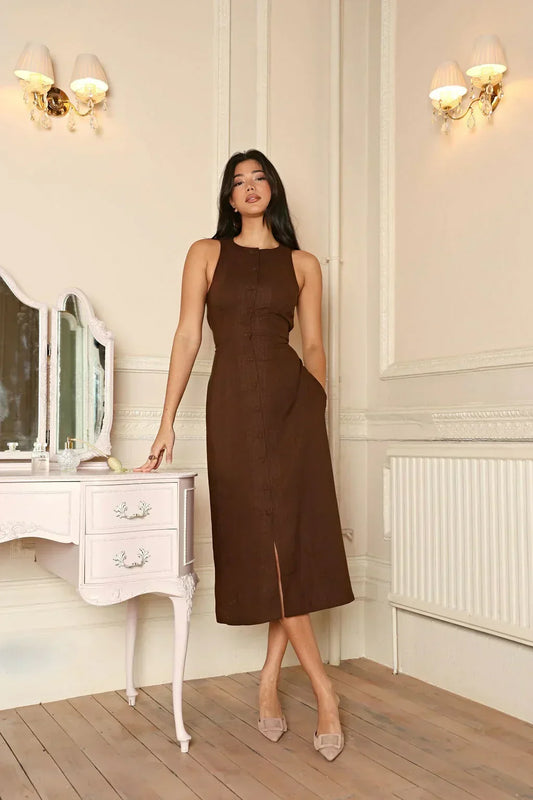 Ärmelloses Damenknopfkleid Braun Leinen Tailliert - Norvielle
