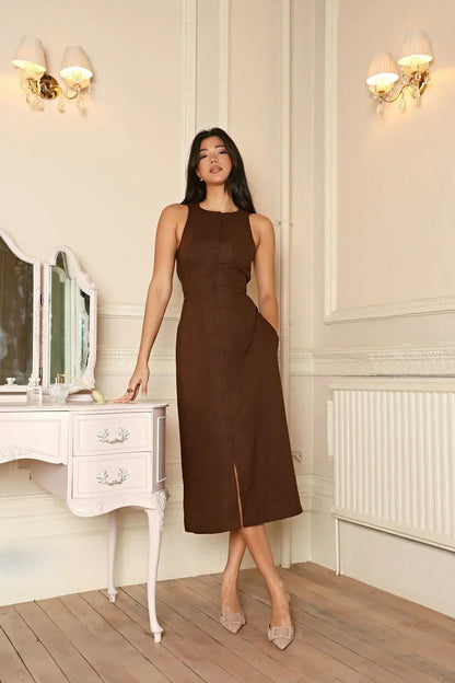 Damen Leinen Midikleid Ärmellos Braun Figurbetonter Schnitt - Norvielle