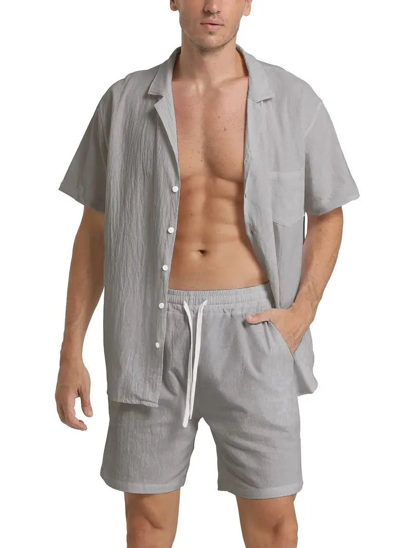 Herren Kurzarm-Hemd Shorts Set Baumwolle Sommerweiß