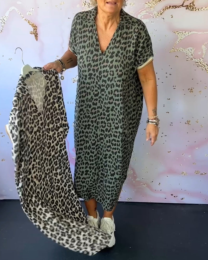 Damen Kleid V-Ausschnitt Leopardenmuster