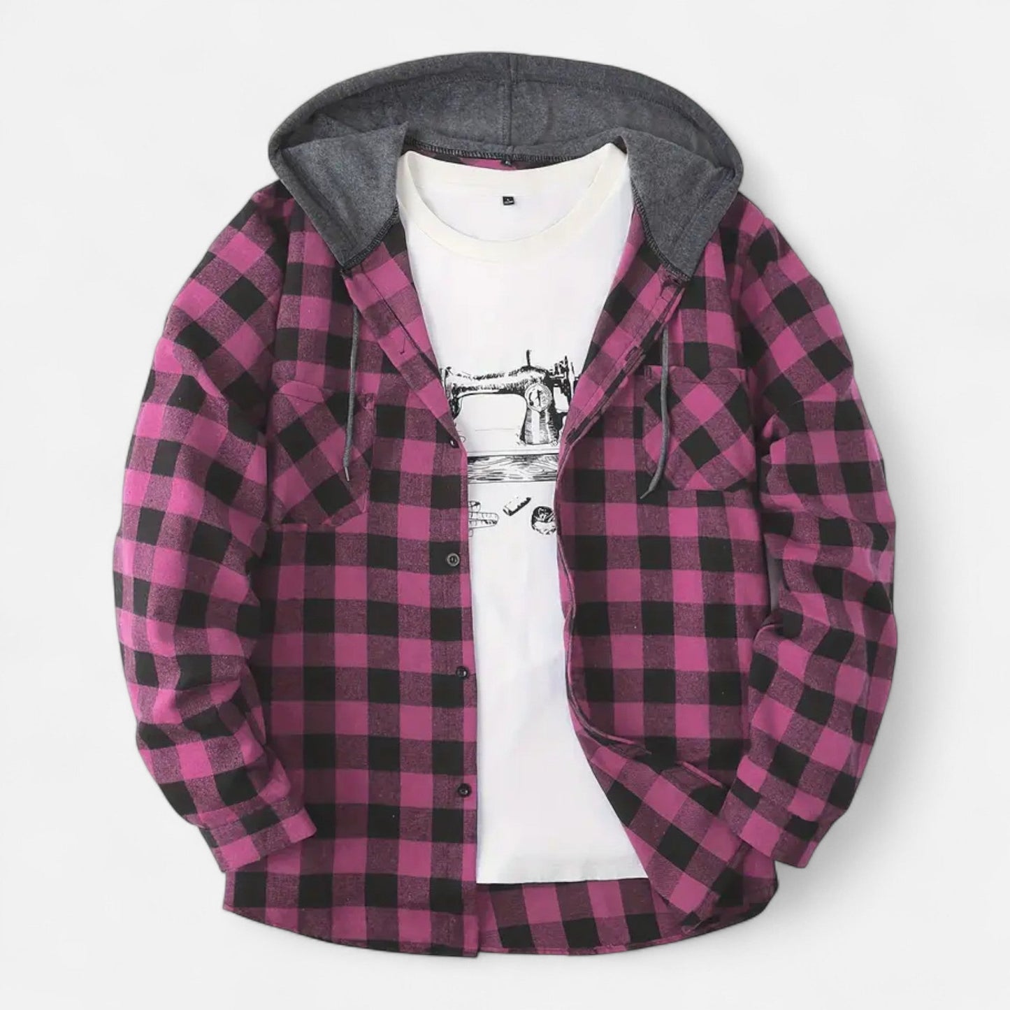 Herren Karo-Hoodie mit Knöpfen und Kordelzug