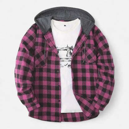 Herren Karo-Hoodie mit Knöpfen und Kordelzug