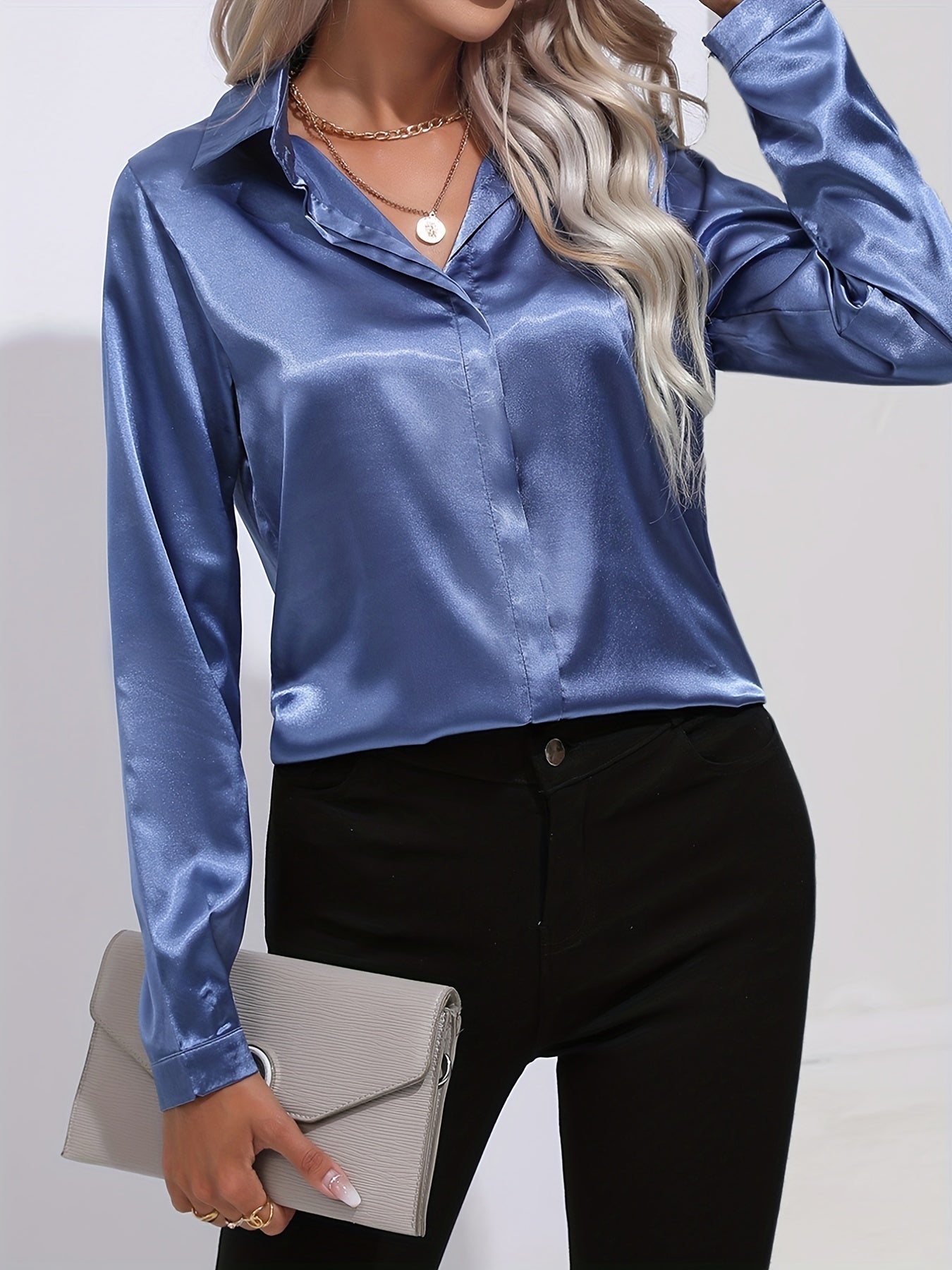 Avelyn Damen Satin-Bluse Reverskragen Knopfleiste Eleganz