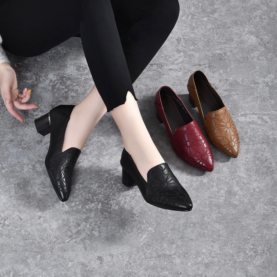 Vegane Leder Pumps Damen Weich Stickerei