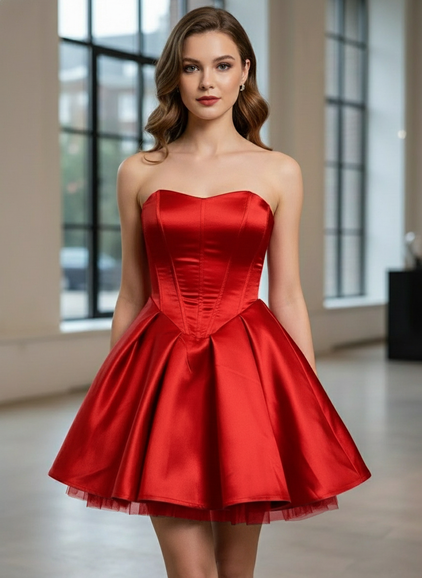 Rotes Damen Minikleid Strapless mit Schleife - Norvielle