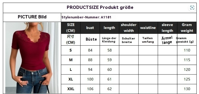 Damen Spitze Manschettenbluse Kurze Ärmel Spitze Ausschnitt Weiß