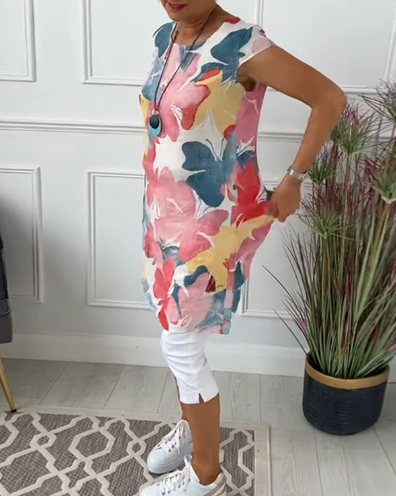 Damen Longtop Blumenprint Farbenfroh Baumwolle
