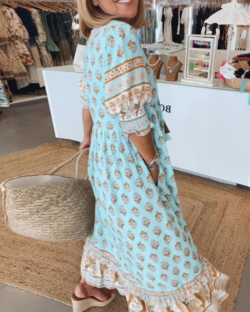 Damen Bedrucktes Sommerkleid V-Ausschnitt Halbärmel - Norvielle