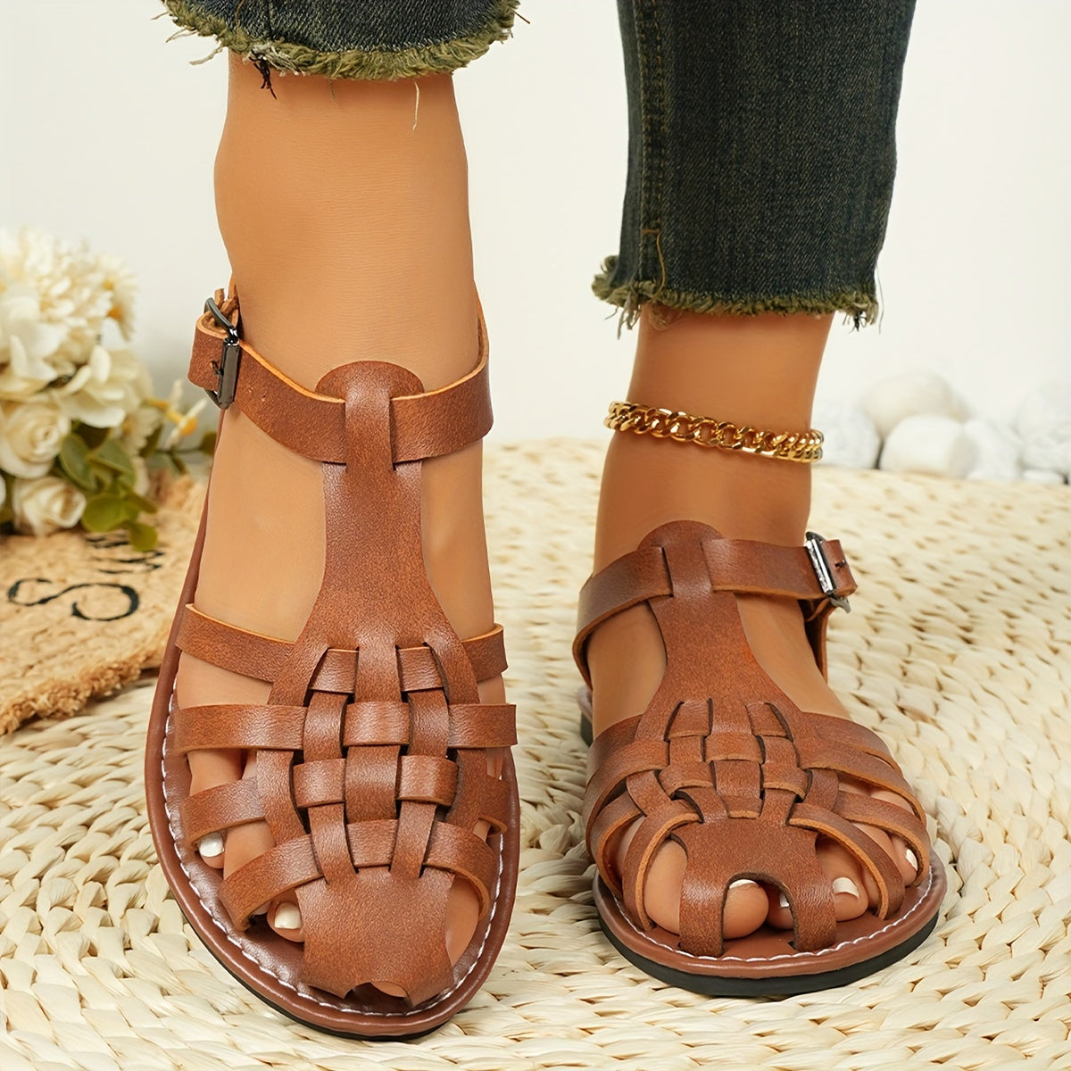 Damen Sandalen Geschlossener Zeh Schnallenverschluss Vintage Stil